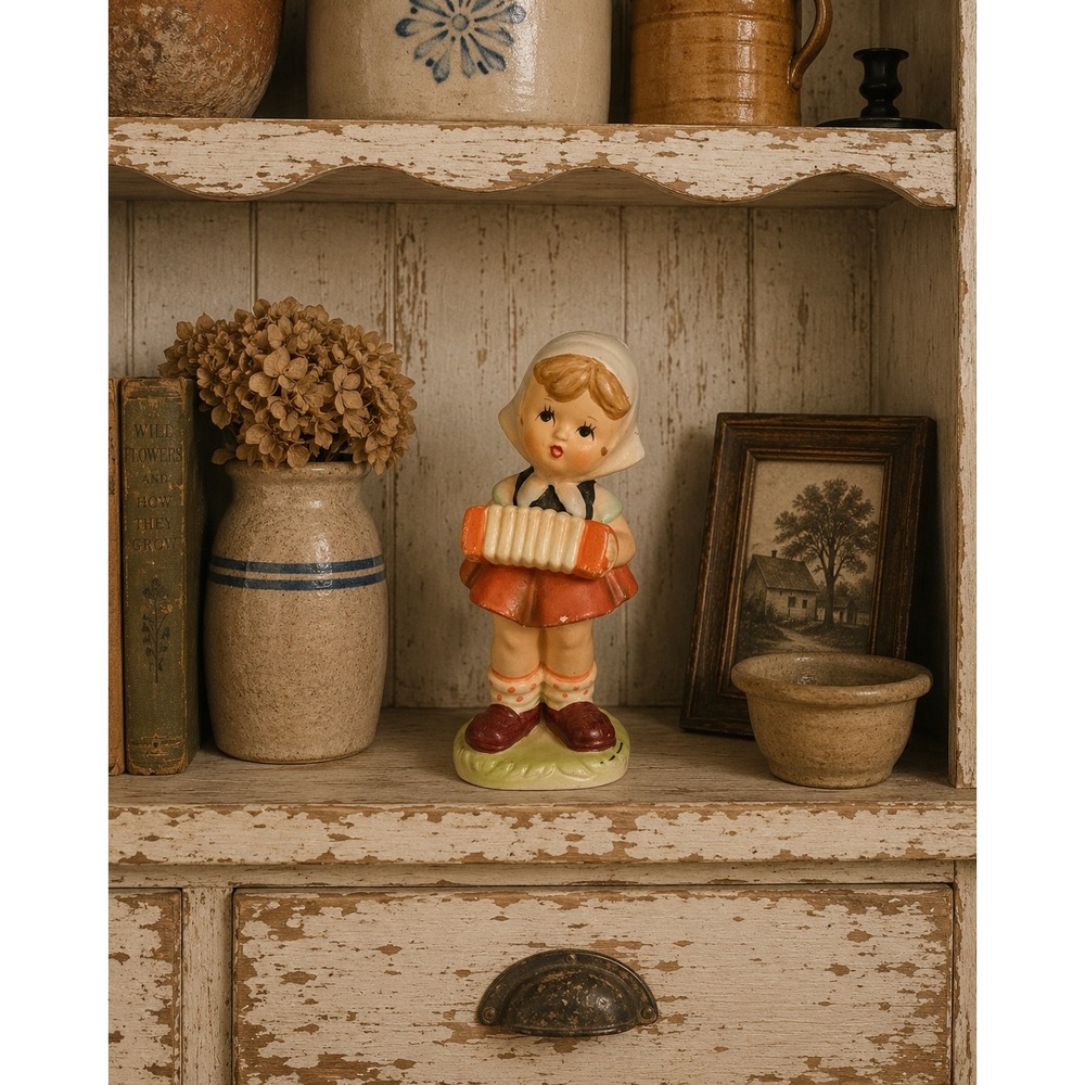 Vintage Ceramic Dutch Girl Figurine Playing Accordion Red Skirt 7 Inch